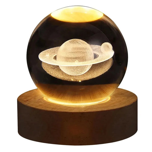 3D Crystal Ball Night Light with Wooden Base – Engraved Planetary LED Lamp